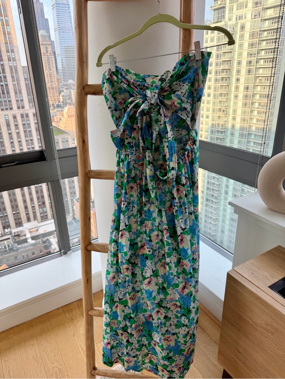 GANNI Logo Floral Strapless Wrap Midi Dress in Blue & Green (can wear as skirt)